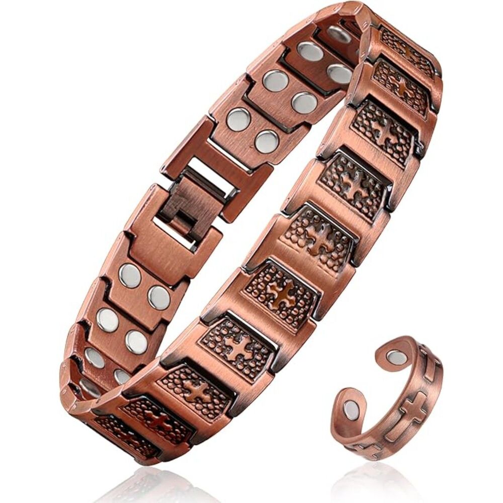 Men's Pure Copper Cross Magnetic Bracelet & Ring 3800 Gauss Sizing Tool